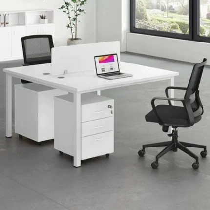 white 2 seater workstation, white office desk for two, dual workstation white desk, 2 person office workstation white, shared office desk white finish, collaborative workstation desk white, modern office workstation 2 users white, office desk with partitions white, white workstation for startups, minimalist office desk two users, corporate workstation white furniture, office desk cluster two people white, professional white workstation desk.