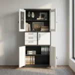 Half Glass Cabinet With Safe  The Half Glass Cabinet With Safe is a multifunctional office storage solution that combines secure document storage with a convenient display area. Designed for offices, schools, hospitals, government institutions, banks, and commercial businesses, this cabinet features an upper section with glass doors for easy visibility and a lower compartment with an integrated safe for protecting confidential documents, cash, keys, and other valuables. Manufactured from heavy-duty steel with a durable powder-coated finish, this cabinet offers exceptional strength, security, and long-lasting performance. Adjustable shelves provide flexible organization, while the lockable safe ensures enhanced protection for important assets. Key Features Half glass and half steel cabinet design Integrated lockable safe for valuables Heavy-duty steel construction Transparent tempered glass upper doors Adjustable steel shelves Secure central locking system Reinforced steel safe compartment Durable powder-coated finish Scratch-, rust-, and corrosion-resistant surface Spacious storage for files, books, documents, and office supplies Professional design for commercial and institutional use Specifications Product Type: Half Glass Cabinet With Safe Material: Heavy-Duty Steel and Tempered Glass Upper Section: Glass Display Cabinet Lower Section: Steel Cabinet with Integrated Safe Doors: 2 Glass Doors and 2 Steel Doors Shelves: Adjustable Steel Shelves Locking System: Central Key Lock and Separate Safe Lock Finish: Powder-Coated Metallic Finish Colour: Grey, Black, Beige, White, or Custom Colours Application: Office, School, Hospital, Bank, Government Office, Institution, Business Assembly: Fully assembled Benefits Dual-purpose storage: Combines visible storage for frequently accessed items with a secure safe for valuables. Enhanced security: The integrated safe provides added protection for confidential documents, cash, and important items. Flexible organization: Adjustable shelves accommodate files, binders, books, and office supplies of various sizes. Durable construction: Heavy-duty steel body ensures long-lasting reliability in busy workplaces. Professional appearance: Modern steel and glass design enhances the look of executive and commercial office spaces.