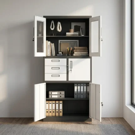 Half Glass Cabinet With Safe  The Half Glass Cabinet With Safe is a multifunctional office storage solution that combines secure document storage with a convenient display area. Designed for offices, schools, hospitals, government institutions, banks, and commercial businesses, this cabinet features an upper section with glass doors for easy visibility and a lower compartment with an integrated safe for protecting confidential documents, cash, keys, and other valuables. Manufactured from heavy-duty steel with a durable powder-coated finish, this cabinet offers exceptional strength, security, and long-lasting performance. Adjustable shelves provide flexible organization, while the lockable safe ensures enhanced protection for important assets. Key Features Half glass and half steel cabinet design Integrated lockable safe for valuables Heavy-duty steel construction Transparent tempered glass upper doors Adjustable steel shelves Secure central locking system Reinforced steel safe compartment Durable powder-coated finish Scratch-, rust-, and corrosion-resistant surface Spacious storage for files, books, documents, and office supplies Professional design for commercial and institutional use Specifications Product Type: Half Glass Cabinet With Safe Material: Heavy-Duty Steel and Tempered Glass Upper Section: Glass Display Cabinet Lower Section: Steel Cabinet with Integrated Safe Doors: 2 Glass Doors and 2 Steel Doors Shelves: Adjustable Steel Shelves Locking System: Central Key Lock and Separate Safe Lock Finish: Powder-Coated Metallic Finish Colour: Grey, Black, Beige, White, or Custom Colours Application: Office, School, Hospital, Bank, Government Office, Institution, Business Assembly: Fully assembled Benefits Dual-purpose storage: Combines visible storage for frequently accessed items with a secure safe for valuables. Enhanced security: The integrated safe provides added protection for confidential documents, cash, and important items. Flexible organization: Adjustable shelves accommodate files, binders, books, and office supplies of various sizes. Durable construction: Heavy-duty steel body ensures long-lasting reliability in busy workplaces. Professional appearance: Modern steel and glass design enhances the look of executive and commercial office spaces.